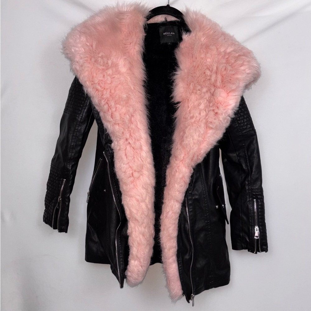 Elegant Pink Faux Fur Trimmed Leather Jacket